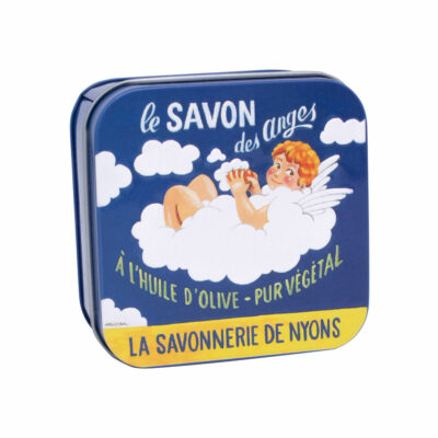 Savon dans une boite en métal retro illustrée par un ange de la collection de savons parfumés "Boites avec Savons" - Fabriqué en France par La Savonnerie de Nyons