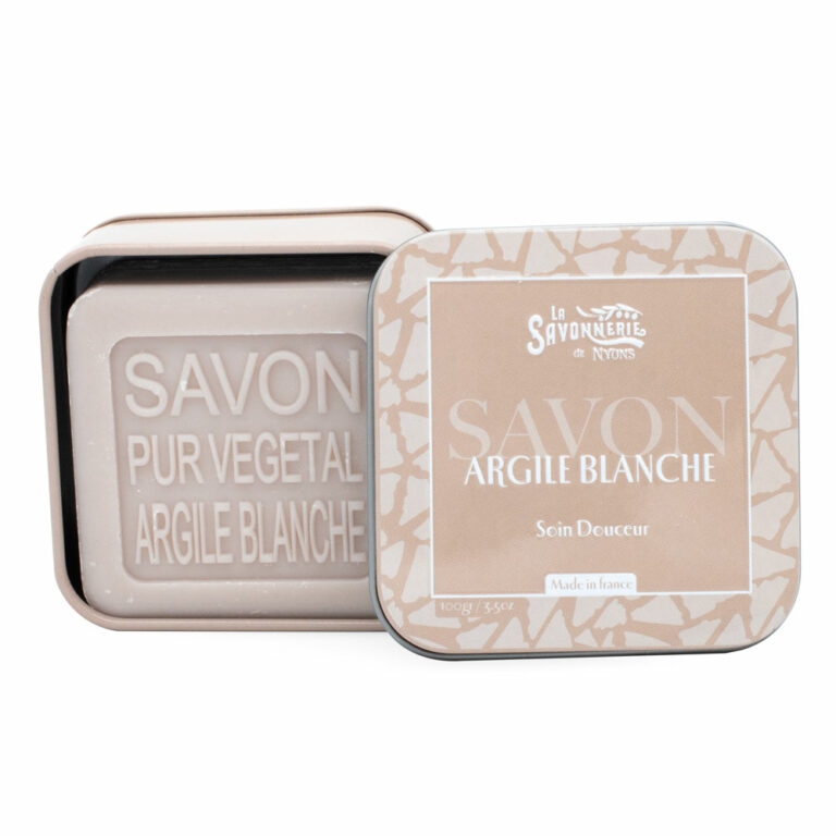 Savon à l'argile blanche dans une boite en métal de la collection de savons "Savons à base d’ingrédients naturels"