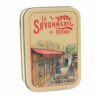 Boite pour savon de 200g en metal illustrée par un dessin retro de boutique provençale de la collection "Boites avec Savons" - Fabriqué en France par La Savonnerie de Nyons