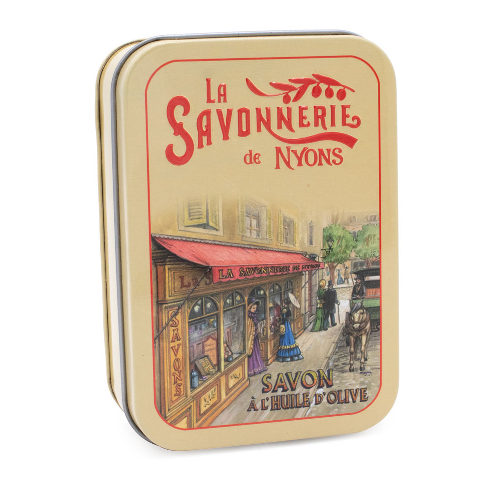 Savon de 200g à la fleur de coton dans une boite en metal illustrée par un dessin retro de boutique provençale de la collection "Boites avec Savons" - Fabriqué en France par La Savonnerie de Nyons