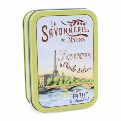 Savon de 200g à la rose dans une boite en metal vintage illustrée par un dessin retro du fleuve de la Seine à Paris de la collection "Boites avec Savons" - Fabriqué en France par La Savonnerie de Nyons