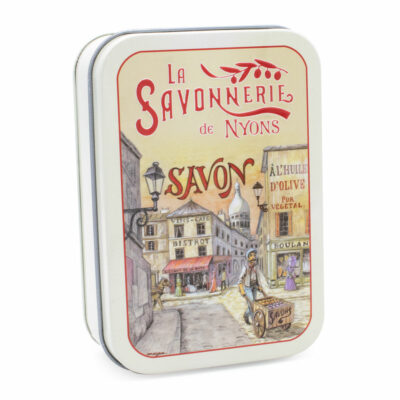 Savon de 200g à la rose dans une boite en metal vintage illustrée par un dessin retro du quartier de Montmartres à Paris de la collection "Boites avec Savons" - Fabriqué en France par La Savonnerie de Nyons