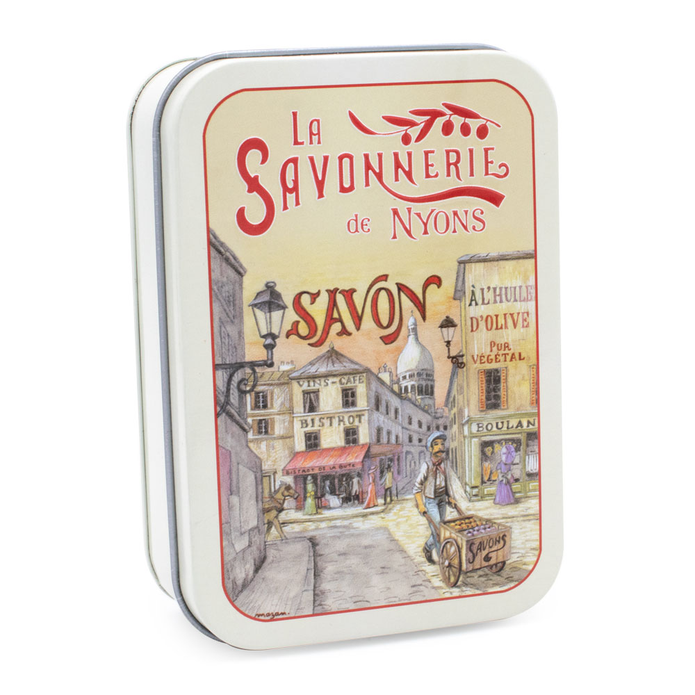 Savon de 200g à la rose dans une boite en metal vintage illustrée par un dessin retro du quartier de Montmartres à Paris de la collection "Boites avec Savons" - Fabriqué en France par La Savonnerie de Nyons