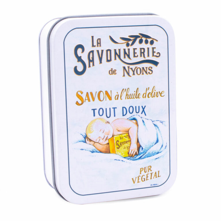 Boite pour savon de 200g en metal vintage illustrée par un dessin retro d'un bebe prenant son bain de la collection "Boites avec Savons" - Fabriqué en France par La Savonnerie de Nyons