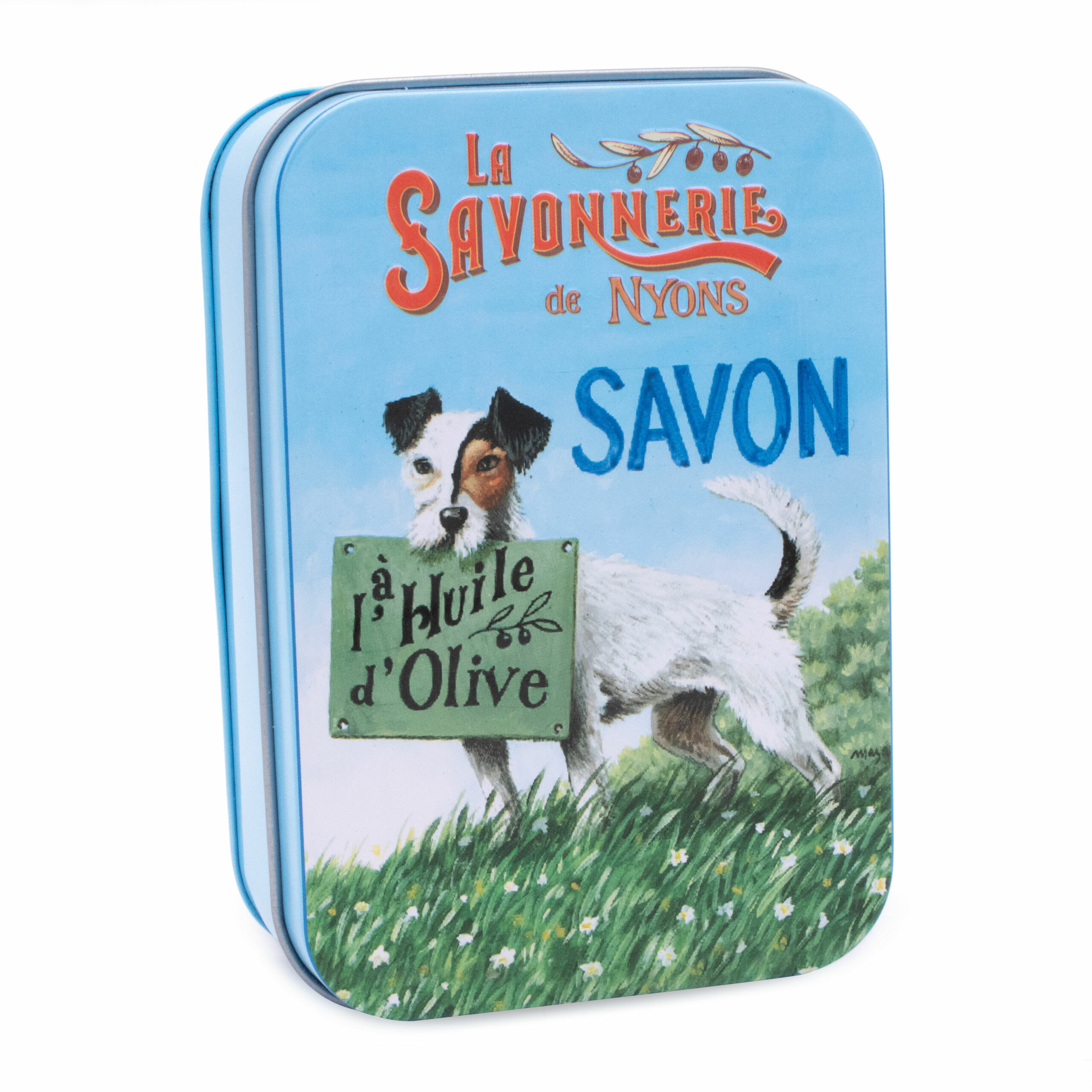 Savon de 200g à la rose et á l'huile d'olive dans une boite en metal vintage illustrée par un dessin retro d'un chien Jack Russel de la collection "Boites avec Savons" - Fabriqué en France par La Savonnerie de Nyons