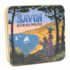 Boite en metal vintage illustrée par un dessin de retro de paysage de la Côte d'Azur contenant 4 savons de 100g - Fabriqué en France par La Savonnerie de Nyons