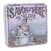Boite à savon en metal vintage illustrée par un dessin de scene de bain contenant 4 savons de 100g - Fabriqué en France par La Savonnerie de Nyons