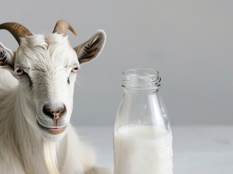 lait de chevre avec un chevre sur fond gris pour mettre en avant les vertus pour la peau