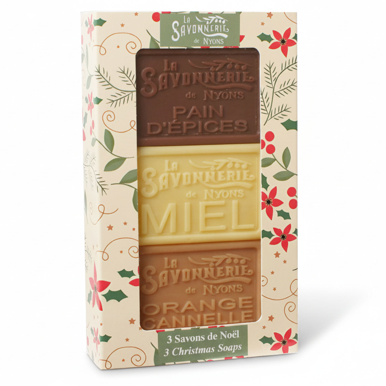 Fourreau 3 savons de Noël 100g - Pain d'épices, Miel, Orange Cannelle - Coffret cadeau de La Savonnerie de Nyons