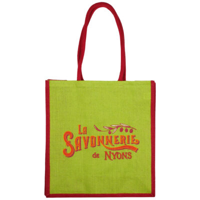 Cabas en toile de jute vrt olive et rouge, aux couleurs et à l'effigie de La Savonnerie de Nyons