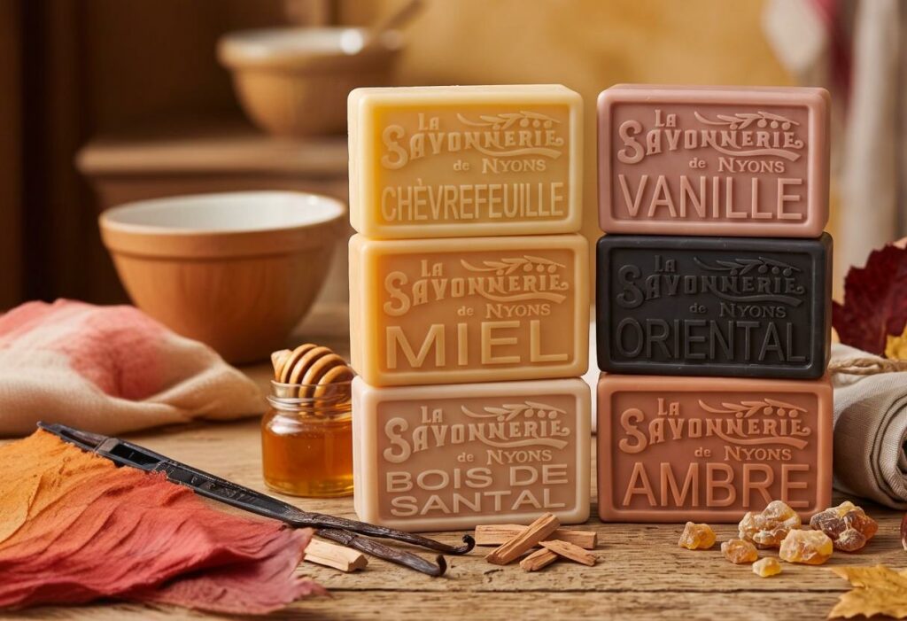 Pack Automne de 6 savons La Savonnerie de Nyons : Chèvrefeuille, Vanille, Miel, Oriental, Bois de Santal et Ambre, sur une table en bois avec miel et feuilles d'automne