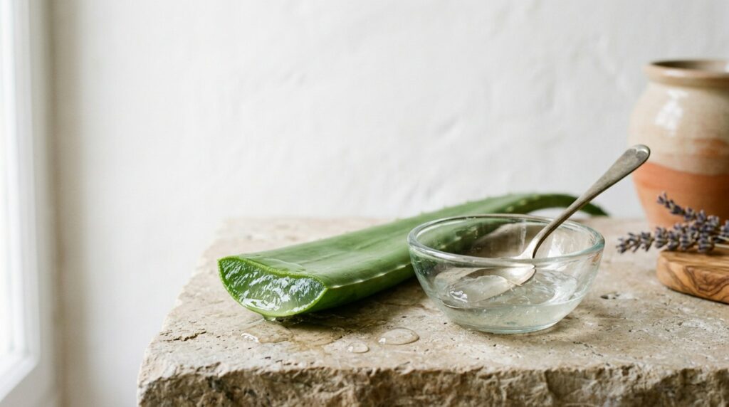 Aloe vera : bienfaits pour la peau, du gel au savon | La Savonnerie de Nyons Feuille d'aloe vera ouverte sur son gel translucide et bol de gel sur une pierre calcaire - illustration, La Savonnerie de Nyons