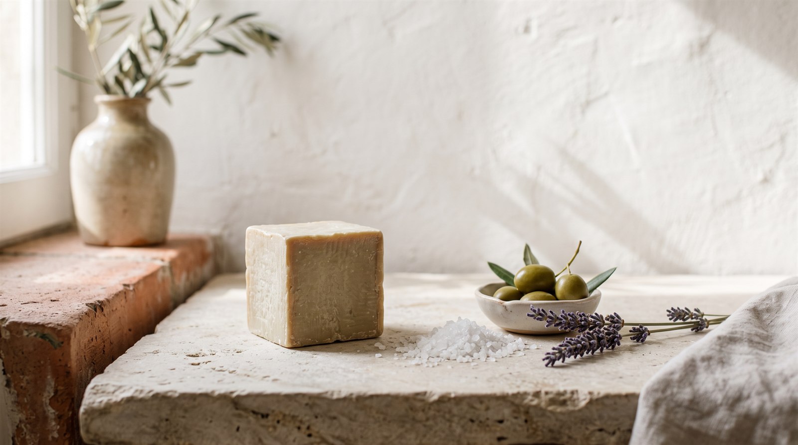 Cube de savon traditionnel a l'huile d'olive pose sur une pierre, avec sel marin, olives et lavande - illustration, La Savonnerie de Nyons