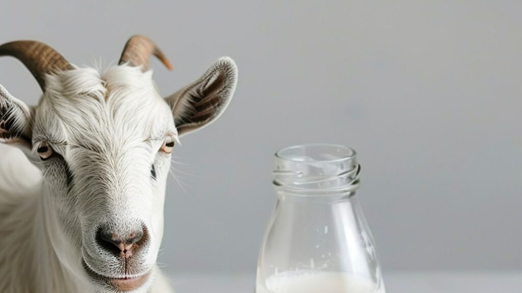 lait de chevre avec une chevre sur fond gris pour mettre en avant les vertus pour la peau