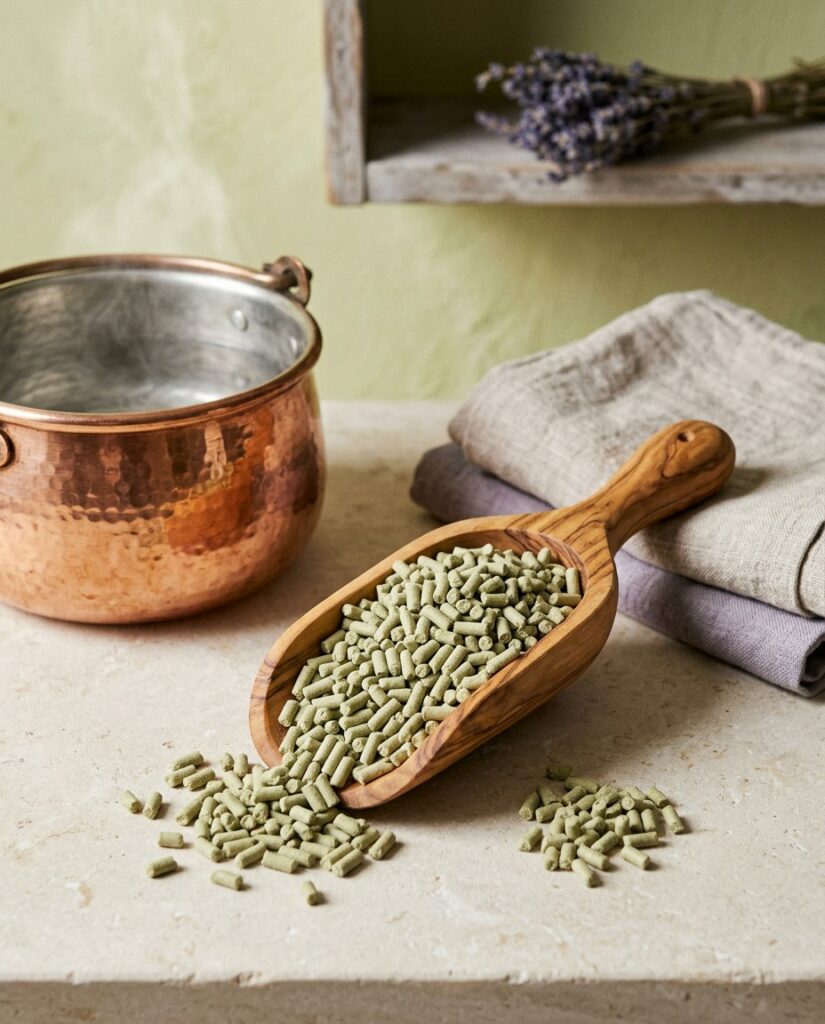 Pelle en bois remplie de copeaux de savon vert sauge sur un plan de pierre, casserole de cuivre et linge en lin - illustration, La Savonnerie de Nyons