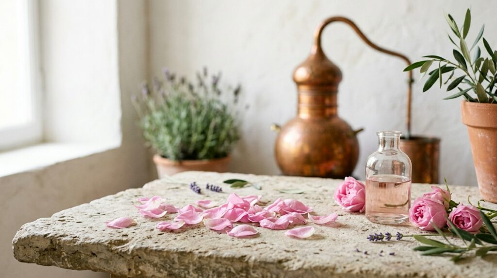 La rose en cosmétique : eau de rose, huile essentielle, savon | La Savonnerie de Nyons Pétales de rose de Damas et flacon d'eau de rose sur une table de pierre, alambic en cuivre en arrière-plan - illustration, La Savonnerie de Nyons