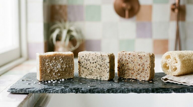 Trois savons exfoliants à grains, sel, noyaux d'olive et son de blé, sur une ardoise mouillée avec un loofah - illustration, La Savonnerie de Nyons
