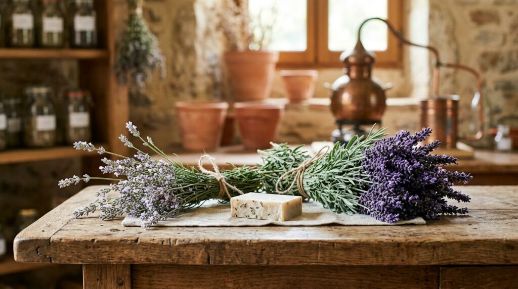 Bouquets de lavande fine et de lavandin côte à côte avec un savon sur un établi de bois, alambic en cuivre - illustration, La Savonnerie de Nyons