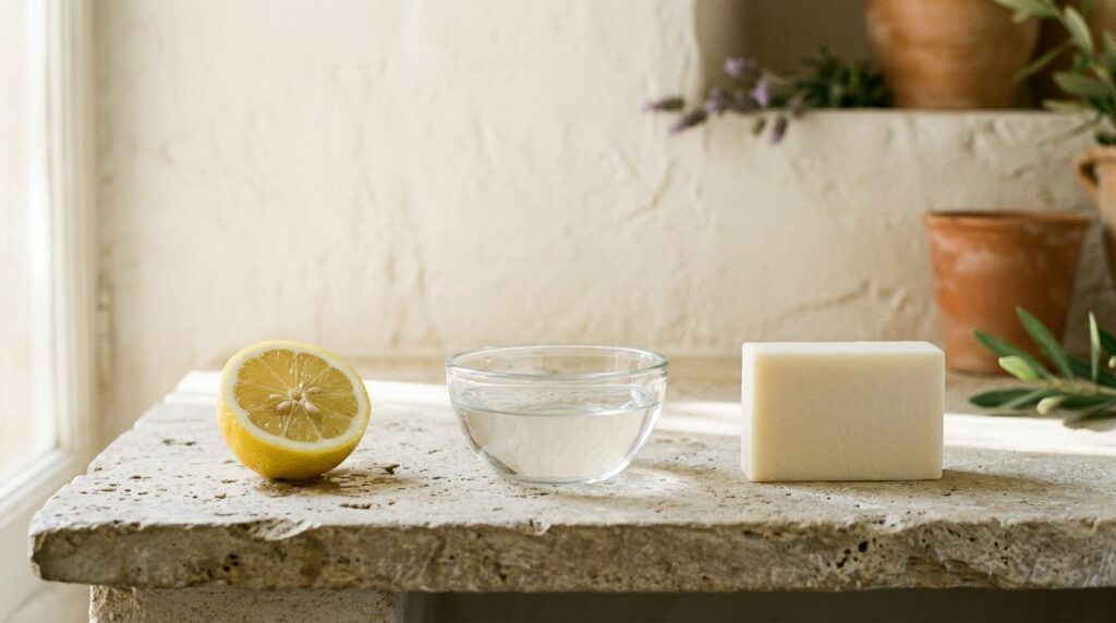 Savon pH neutre : ce que ce terme veut vraiment dire | La Savonnerie de Nyons Demi-citron, bol d'eau claire et savon ivoire alignés sur une pierre : l'échelle du pH en objets - illustration, La Savonnerie de Nyons