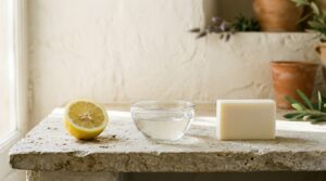 Demi-citron, bol d'eau claire et savon ivoire alignés sur une pierre : l'échelle du pH en objets - illustration, La Savonnerie de Nyons