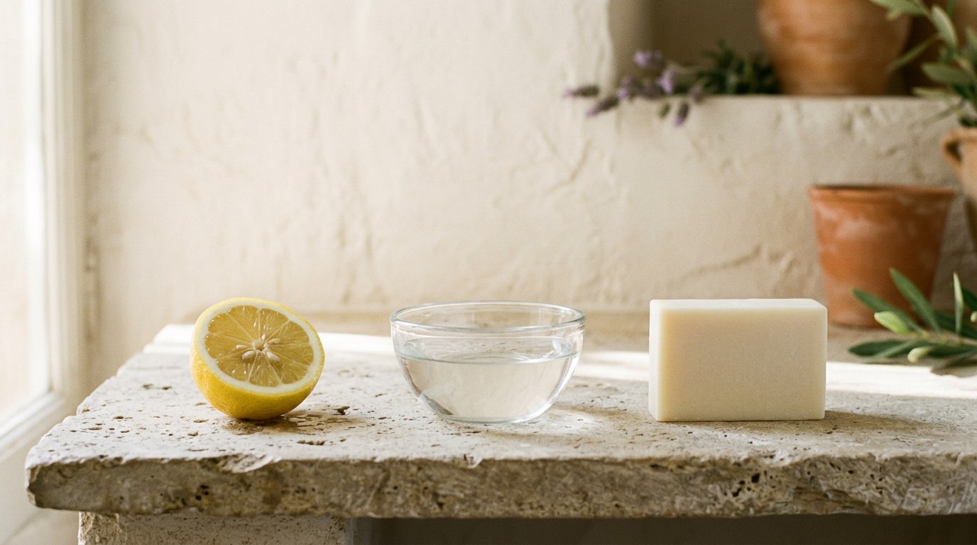 Demi-citron, bol d'eau claire et savon ivoire alignés sur une pierre : l'échelle du pH en objets - illustration, La Savonnerie de Nyons