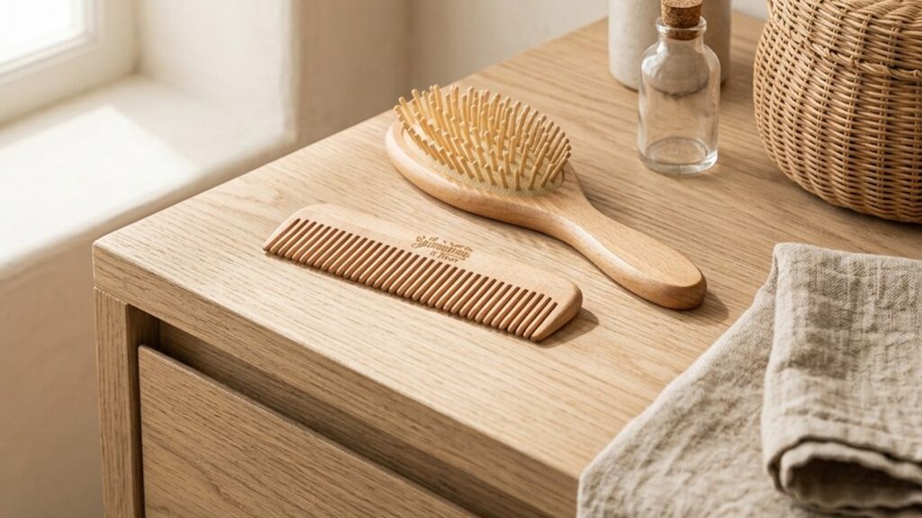 Brosse ou peigne en bois : lequel choisir pour ses cheveux | La Savonnerie de Nyons Peigne en bois de hêtre de La Savonnerie de Nyons et brosse à cheveux en bois posés sur un meuble en chêne, salle de bain en matières naturelles - La Savonnerie de Nyons