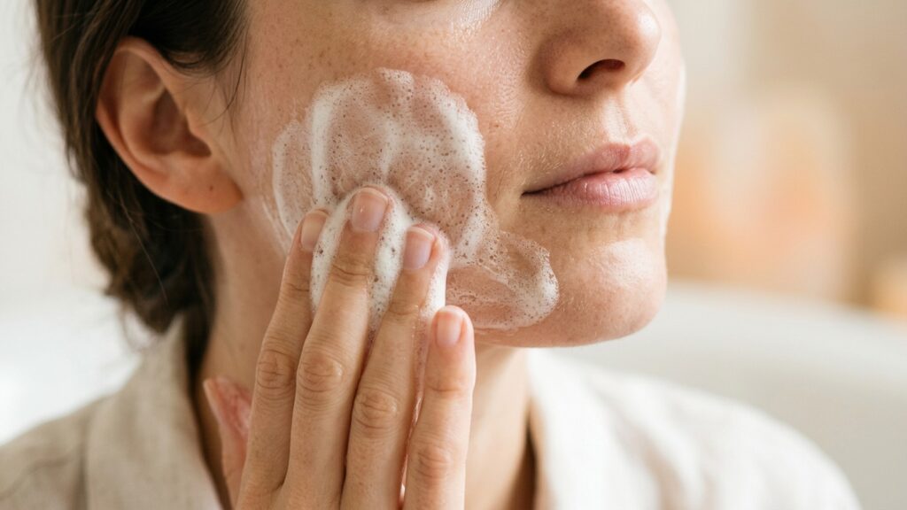 Quel savon pour le visage ? Le guide selon votre peau | La Savonnerie de Nyons Gros plan d'une joue : une main applique une mousse de savon dense et onctueuse - La Savonnerie de Nyons