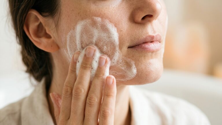 Gros plan d'une joue : une main applique une mousse de savon dense et onctueuse - La Savonnerie de Nyons