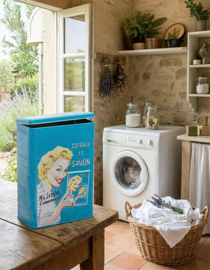 Boîte métal de copeaux de savon de Marseille sur une table en bois, devant un lave-linge et un panier de linge blanc dans une buanderie provençale - La Savonnerie de Nyons