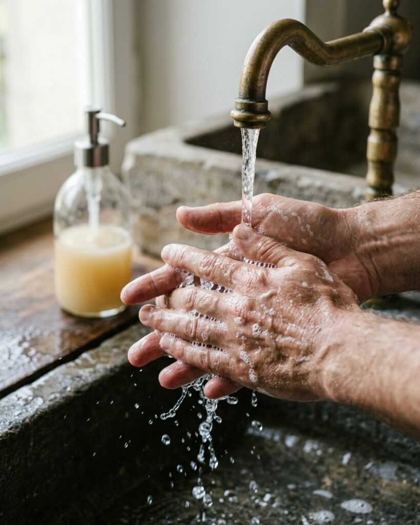 Mains lavées au savon de Marseille liquide sous un robinet en laiton, flacon pompe posé à côté - La Savonnerie de Nyons