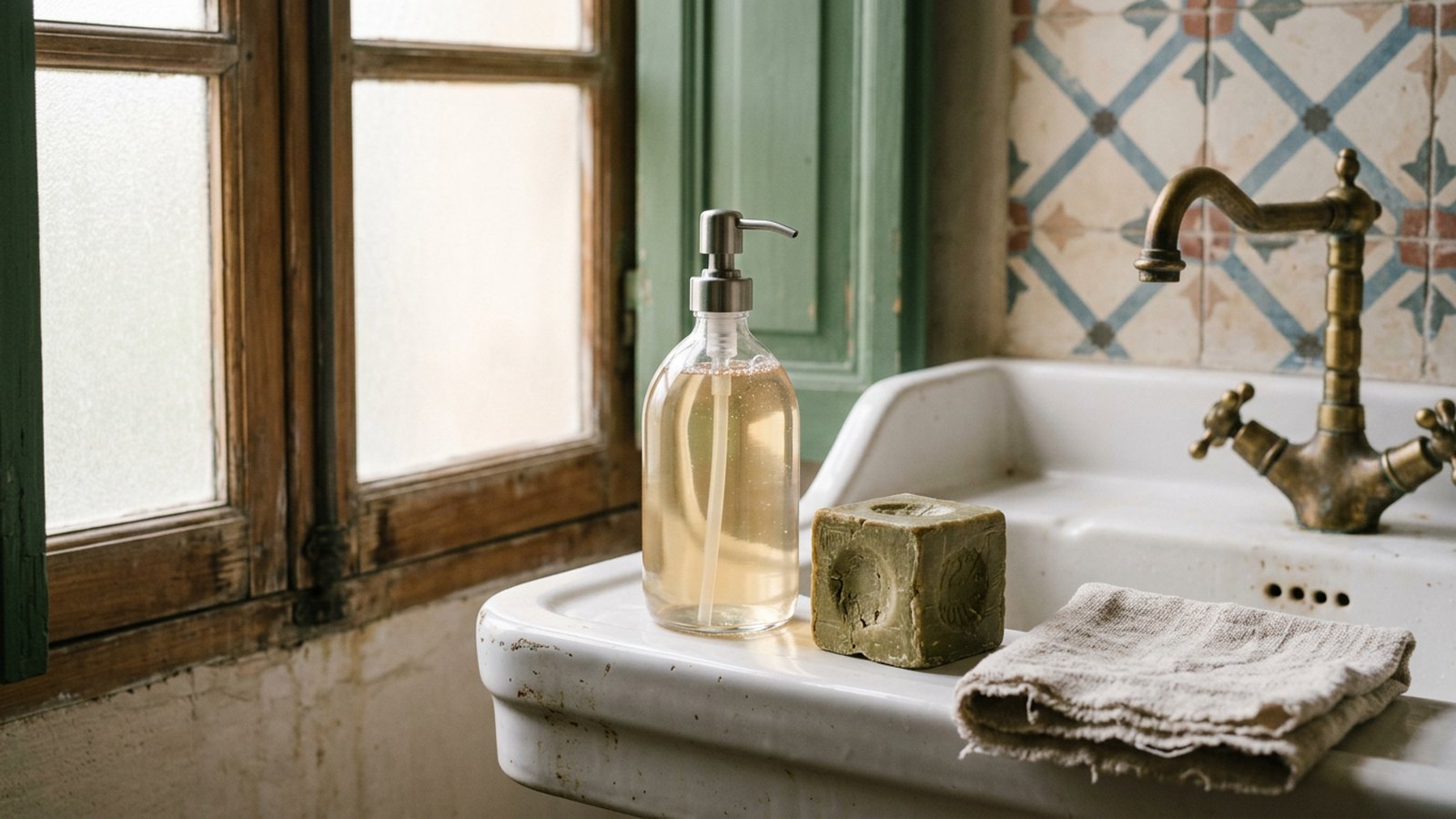 Flacon pompe de savon liquide et cube de savon de Marseille sur un lavabo ancien, robinet en laiton - La Savonnerie de Nyons