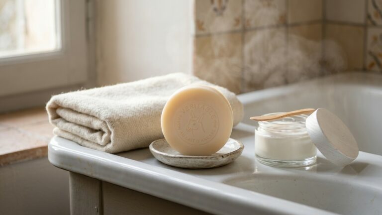 Savon rond au lait d'ânesse bio sur une coupelle en grès, serviette pliée et pot de crème au bord d'un lavabo, variante B - La Savonnerie de Nyons