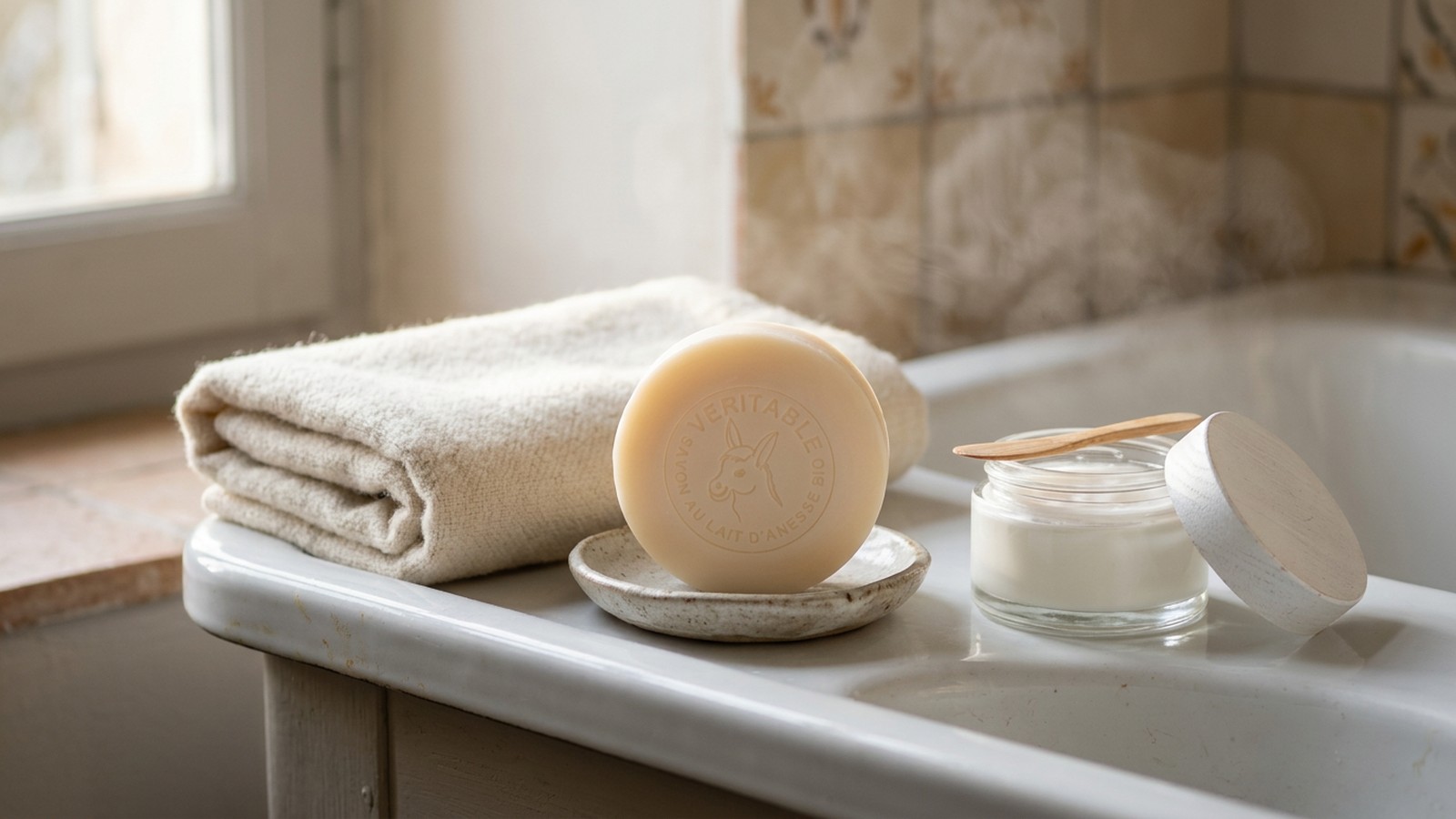 Savon rond au lait d'ânesse bio sur une coupelle en grès, serviette pliée et pot de crème au bord d'un lavabo, variante B - La Savonnerie de Nyons
