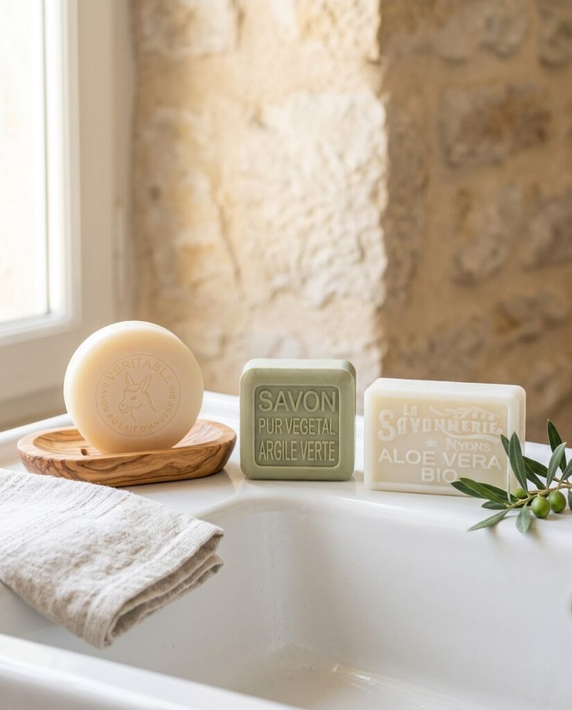 Trois savons pour trois peaux : lait d'ânesse, argile verte et aloe vera, sur un lavabo en salle de bain provençale - La Savonnerie de Nyons