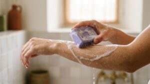 Avant-bras mouillé couvert de mousse, une main frotte un savon de la Savonnerie de Nyons contre l'autre, variante A - La Savonnerie de Nyons