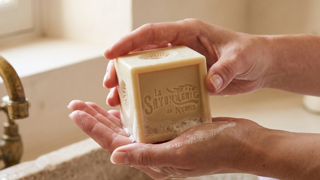 Mains qui tiennent un cube de savon de Marseille au-dessus d'un lavabo - La Savonnerie de Nyons