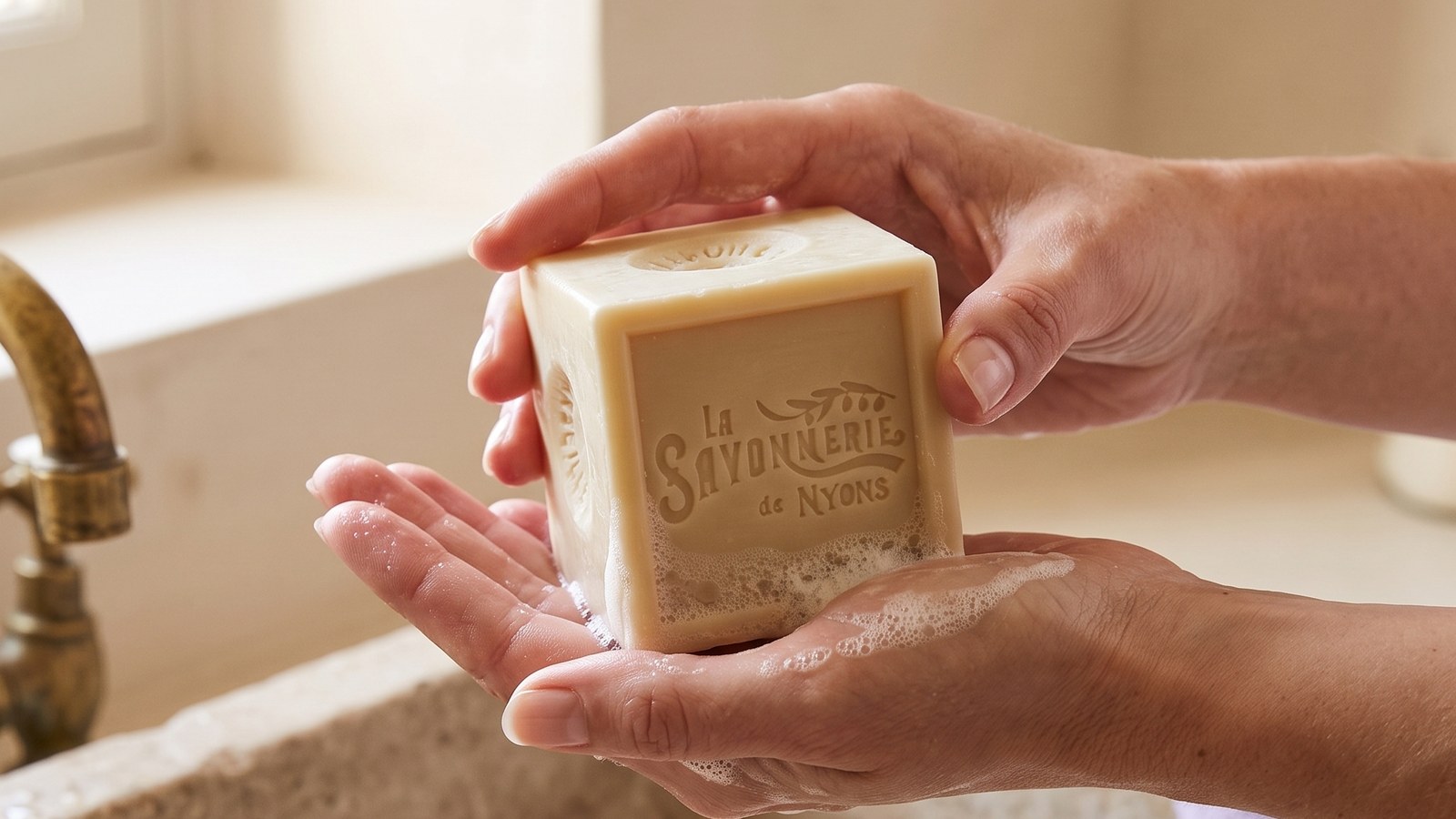 Mains qui tiennent un cube de savon de Marseille au-dessus d'un lavabo - La Savonnerie de Nyons