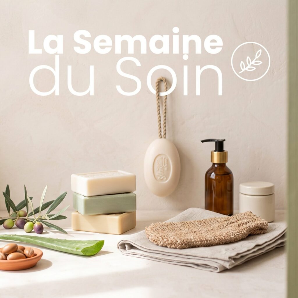La Semaine du Soin : savons, savon corde, flacon pompe, pot de crème et gant exfoliant sur une vasque en pierre, avec une feuille d'aloe vera, une branche d'olivier et des noix d'argan